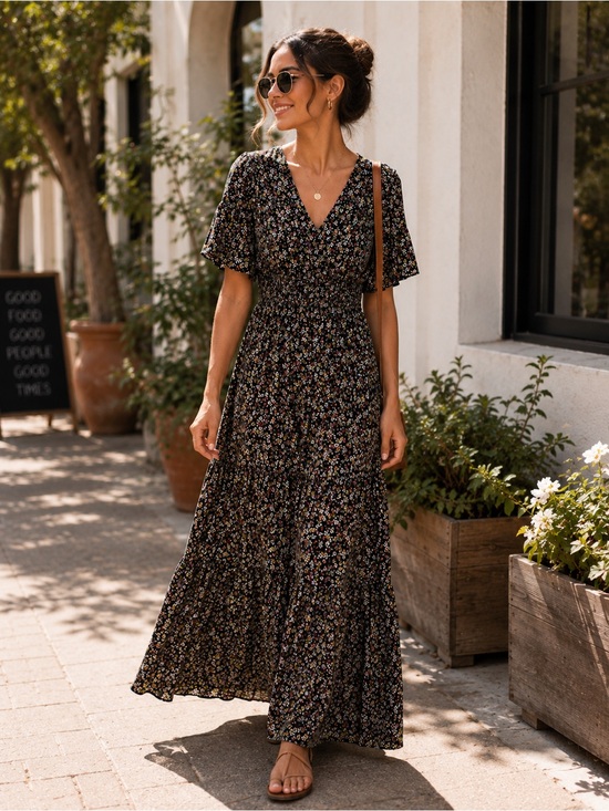 Lost + Wander Dresses & Skirts - Lost + Wander Dress Maxi Black Floral Print V Neck Short Sleeve Boho